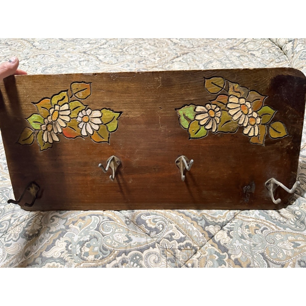 Vintage Wood 4 Brass Hook Floral Hand Engraved Signed Wall Coat Rack Farmhouse